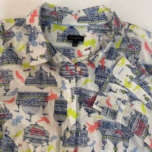 Talbots Womens Large White Cotton Bird Birdcage Novelty Print Button Down Shirt